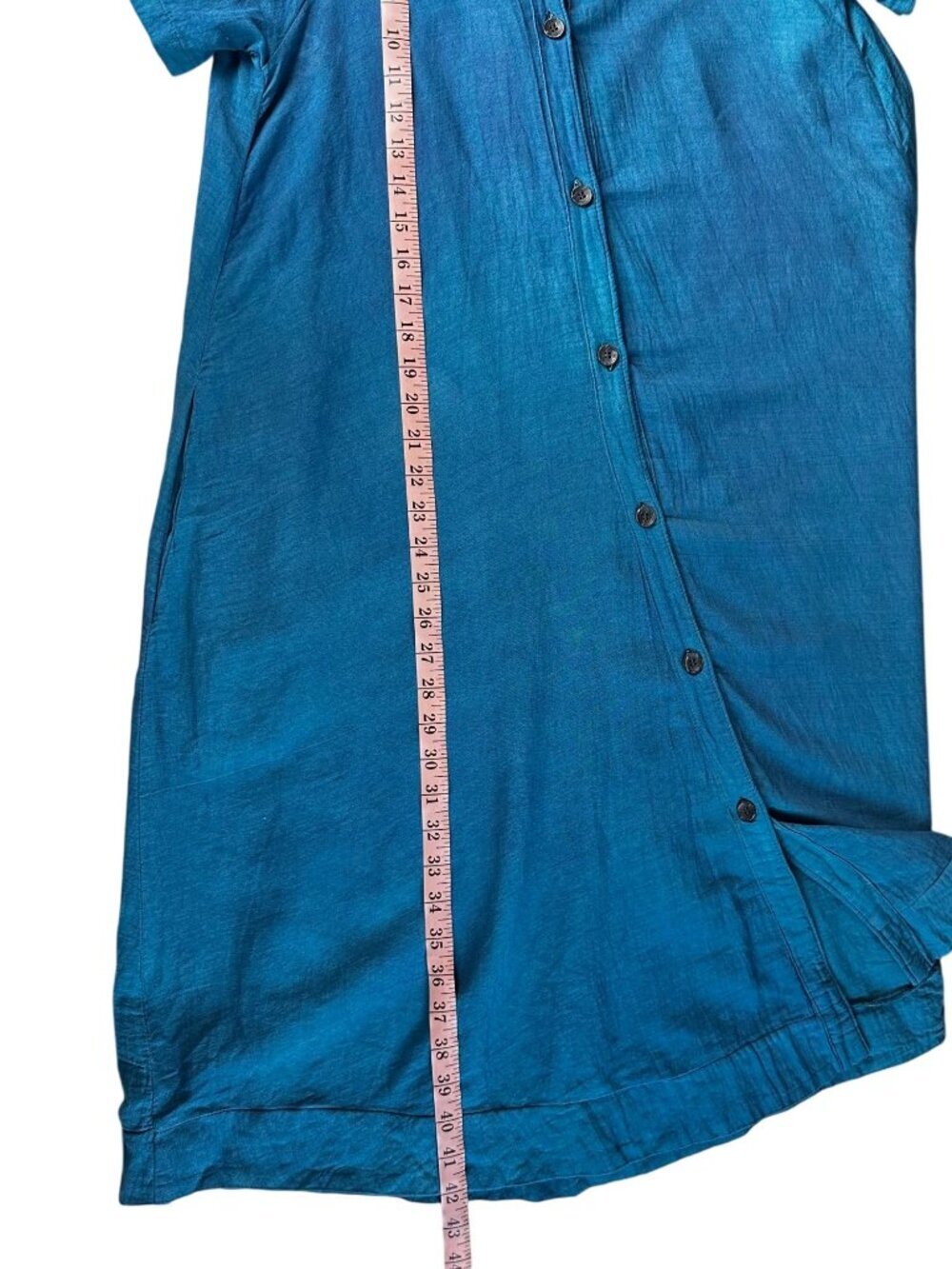 Swahili Coast Linen Dress Medium Blue Button Front Midi Ethical Artisan Pocket - Picture 10 of 10